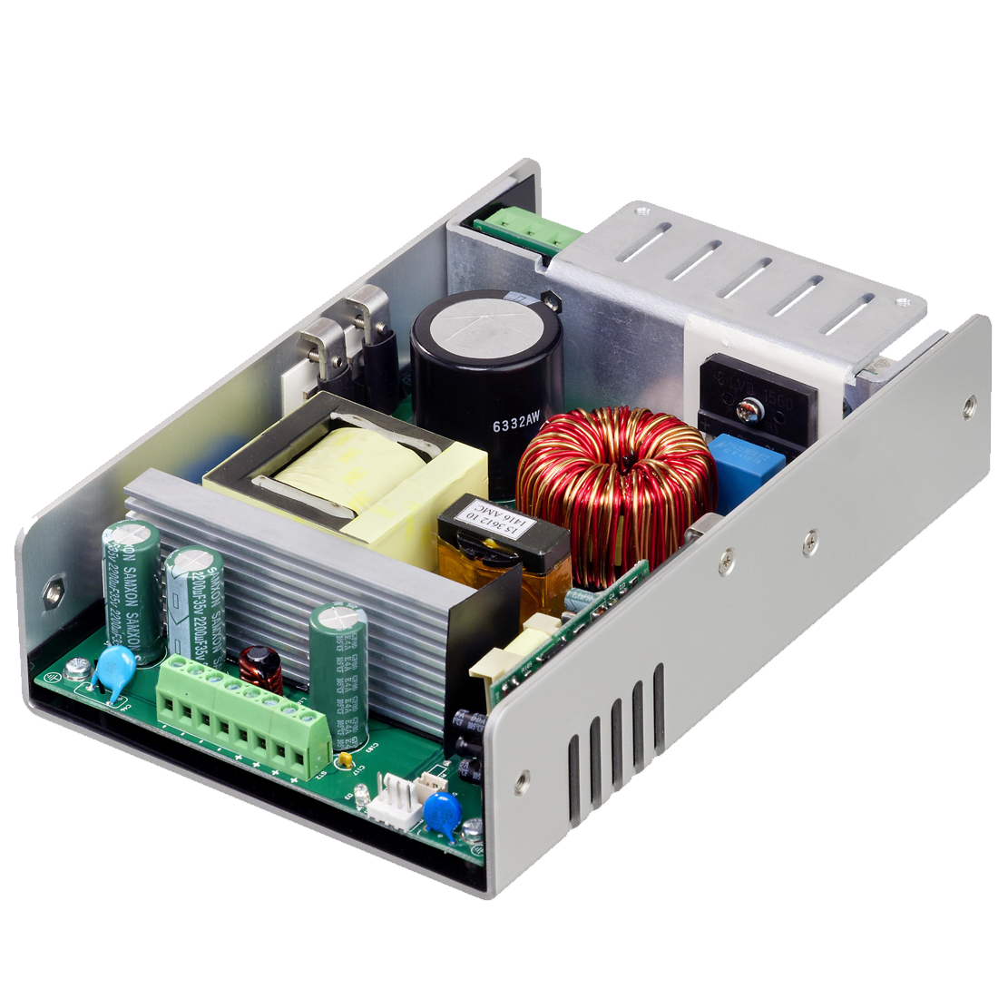 An open frame power supply with a lot of components inside of it