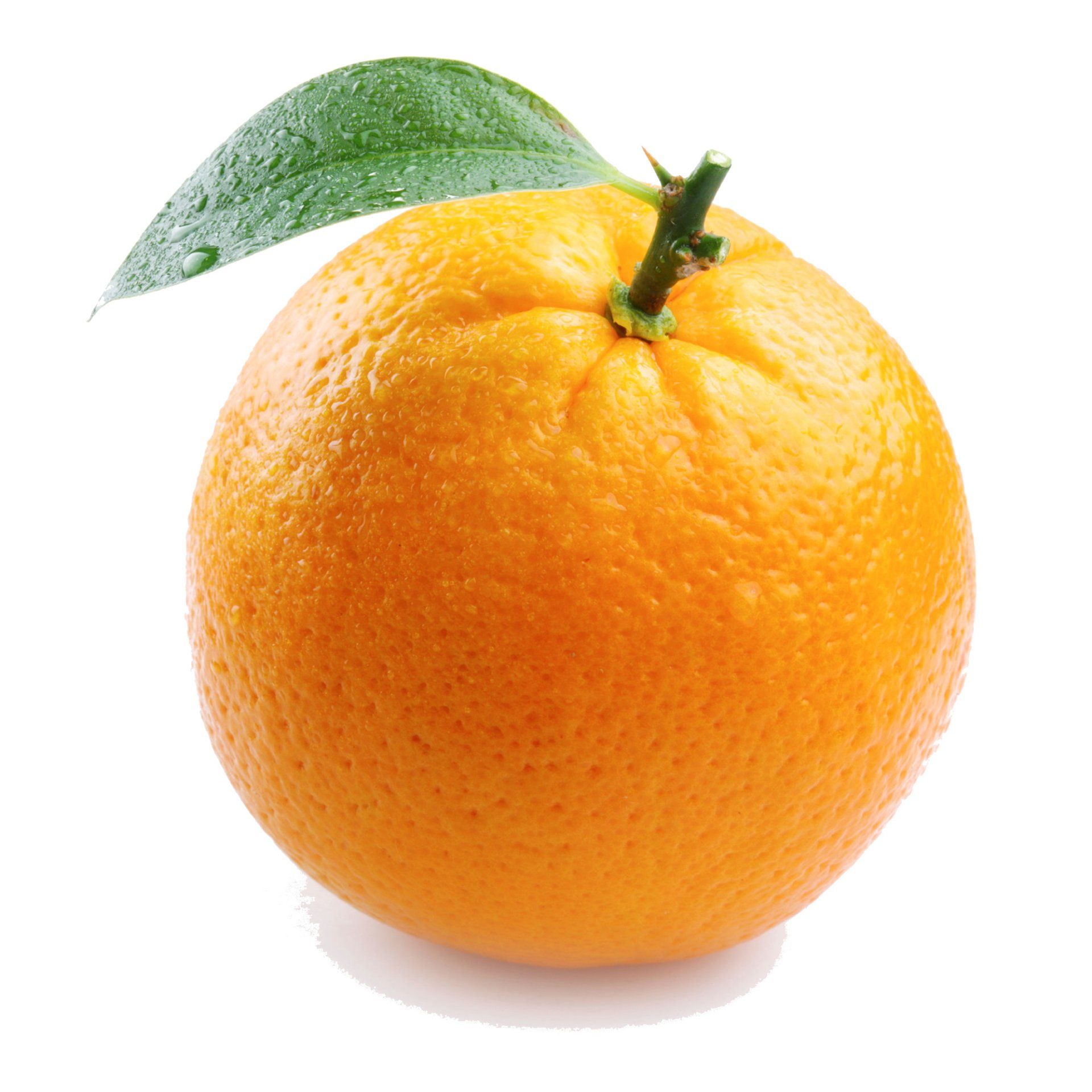 An orange with a green leaf on a white background