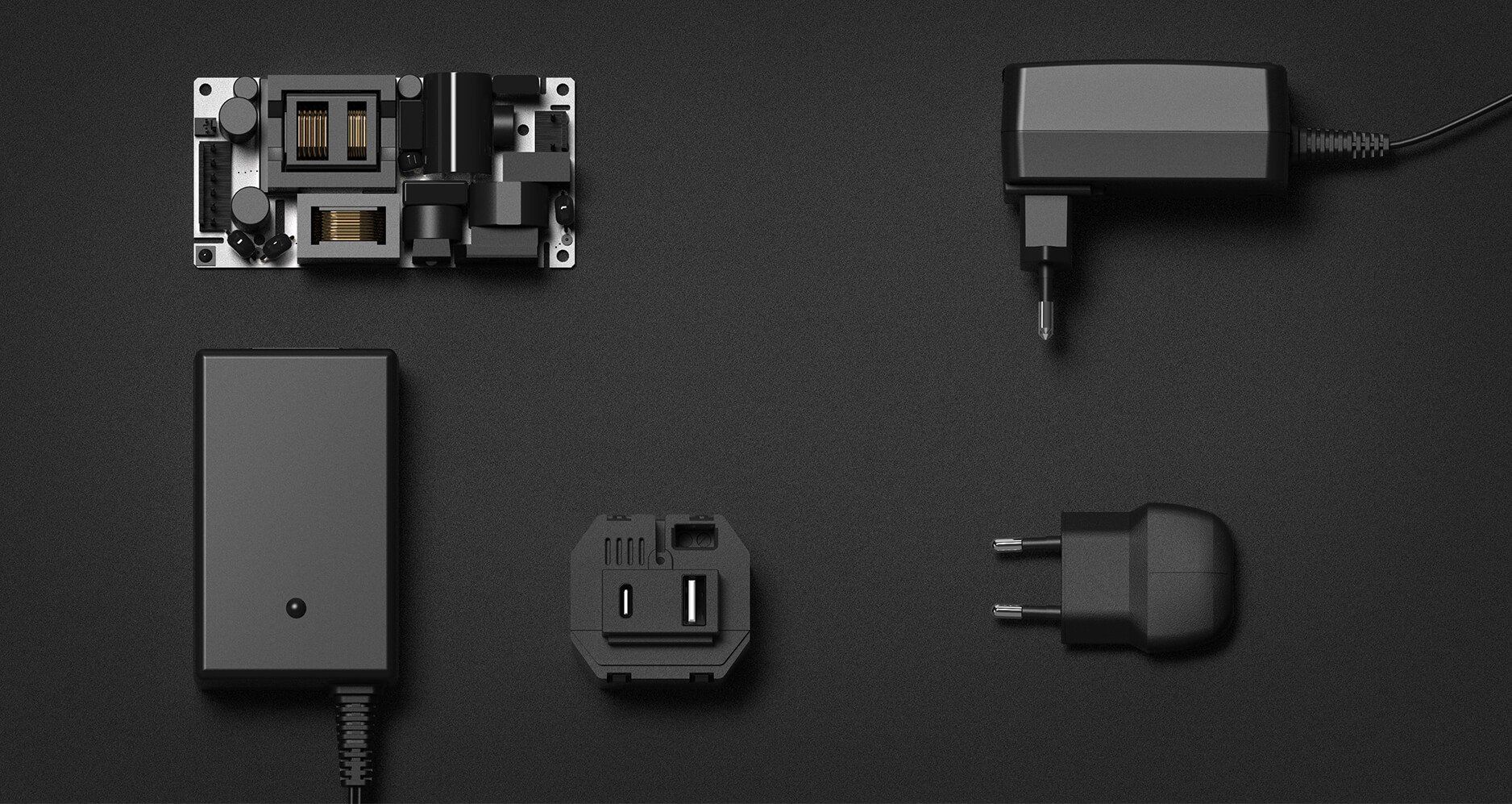 There are many different types of power supplies on the table.