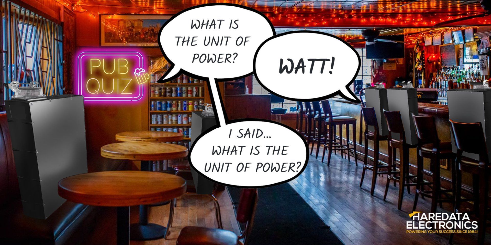 A bar with a neon sign that says pub quiz
