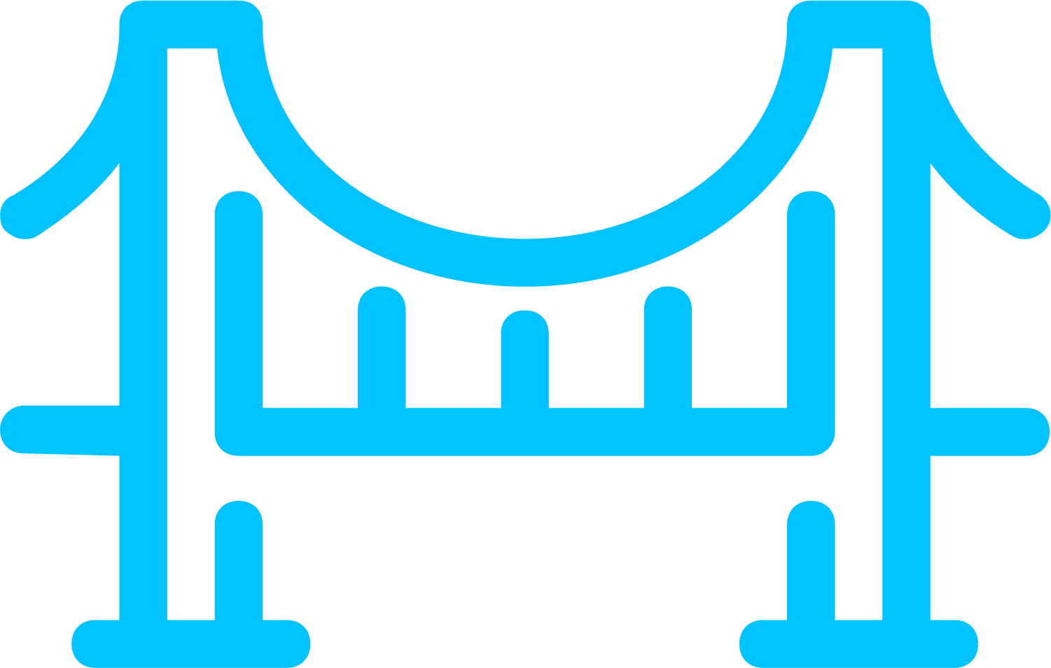 A blue icon of a bridge on a white background.