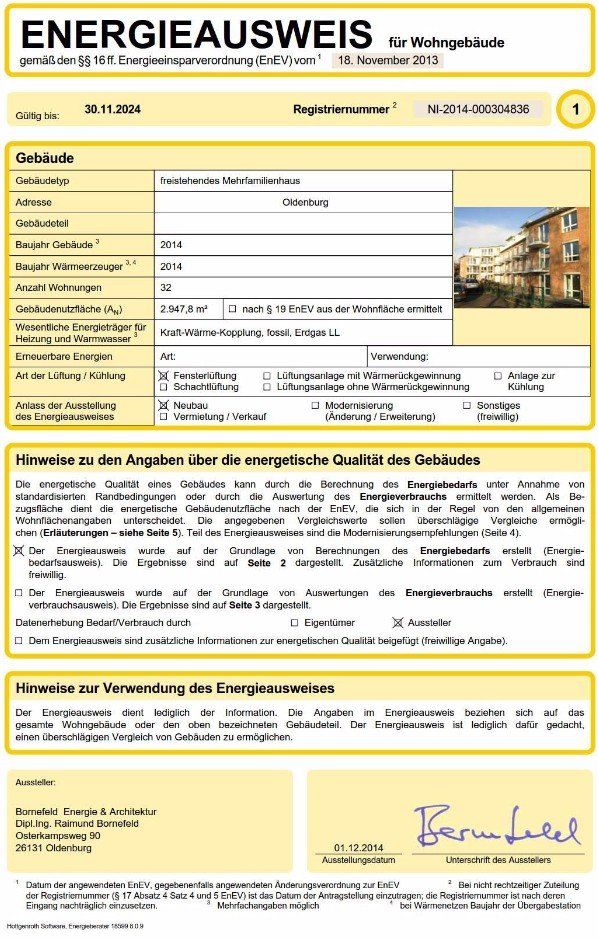 Energieausweis für ein Wohngebäude mit Angaben zum Objekt und zur Energieeffizienz.