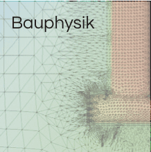 Der Text „Bauphysik“ liegt über einer geometrischen Illustration der Bauphysikanalyse mit Dreiecksnetz und Farbverläufen.