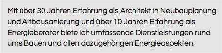 Text, der architektonische Erfahrung und Dienstleistungen beschreibt.