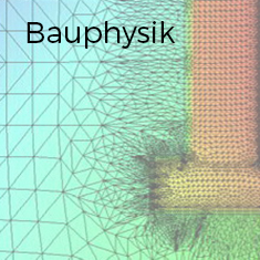 Dreiecksnetz mit farbigen Abschnitten, Schriftzug „Bauphysik“.