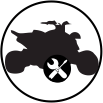 Black silhouette of an ATV with a white wrench and screwdriver icon inside a circle on a white background.