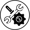 A black and white circular icon featuring a wrench and a gear, symbolizing tools, maintenance, or settings.
