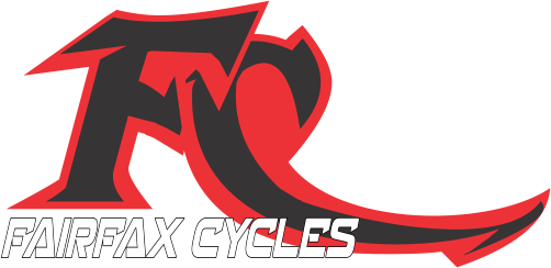 Logo for Fairfax Cycles featuring a stylized, bold red and black 
