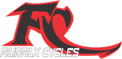 Logo for Fairfax Cycles featuring a stylized, bold red and black 