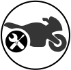 A black motorcycle silhouette with a smaller circle containing a crossed wrench and screwdriver, enclosed in a circle.