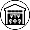A black and white circular icon depicting a garage containing two rows of three parked motorcycles.
