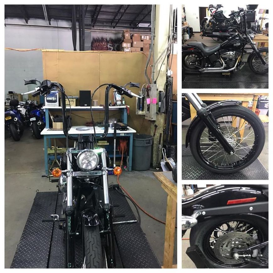 A collage showing a black Harley-Davidson motorcycle with high handlebars in a repair shop, including close-ups of wheels.