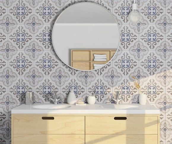 Decorative Bathroom Wall Tiles with Circle Mirror— Tile Supplies in Alstonville in Alstonville, NSW Decorative Bathroom Wall Tiles with Circle Mirror — Tile Supplies in Alstonville in Alstonville, NSW