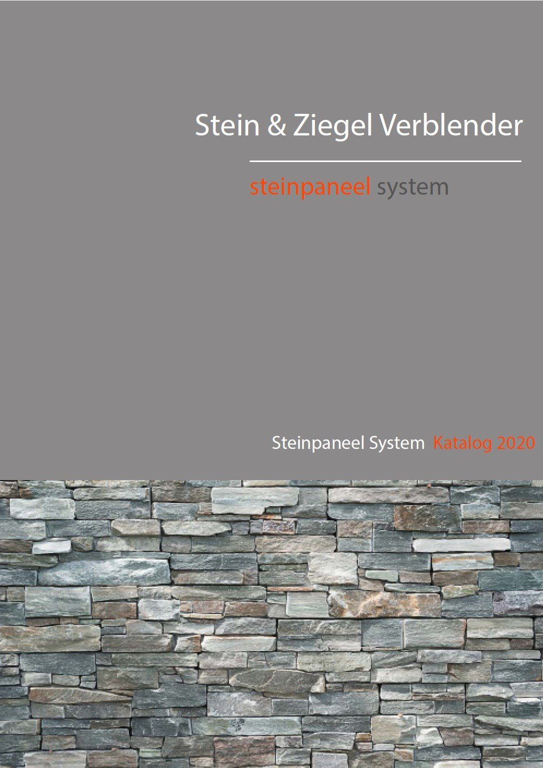 Titelbild eines Katalogs mit dem Titel „Stein & Ziegel Verblender“, das eine Steinfassade und die Aufschrift „Steinpanel System“ in Rot zeigt.
