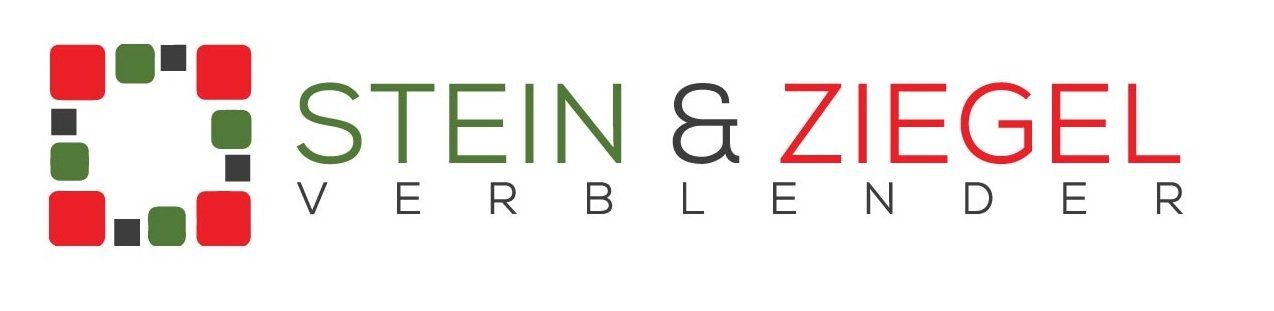 Logo für Stein & Ziegel Verblender. Es hat ein quadratisches Design mit farbigen Fliesen und Text auf der rechten Seite.