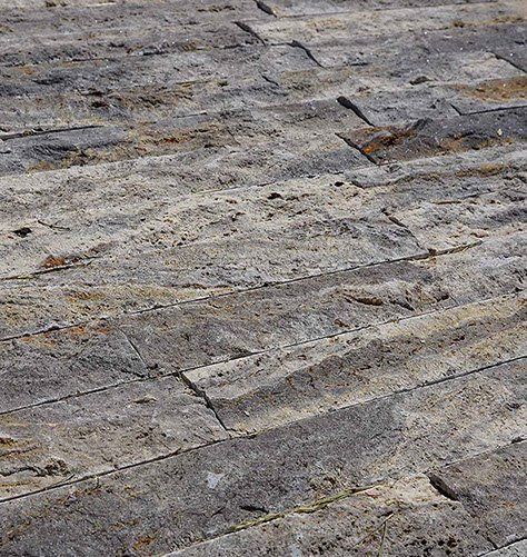 Steinweg mit verwitterten, rechteckigen Fliesen in Grau- und Beigetönen.