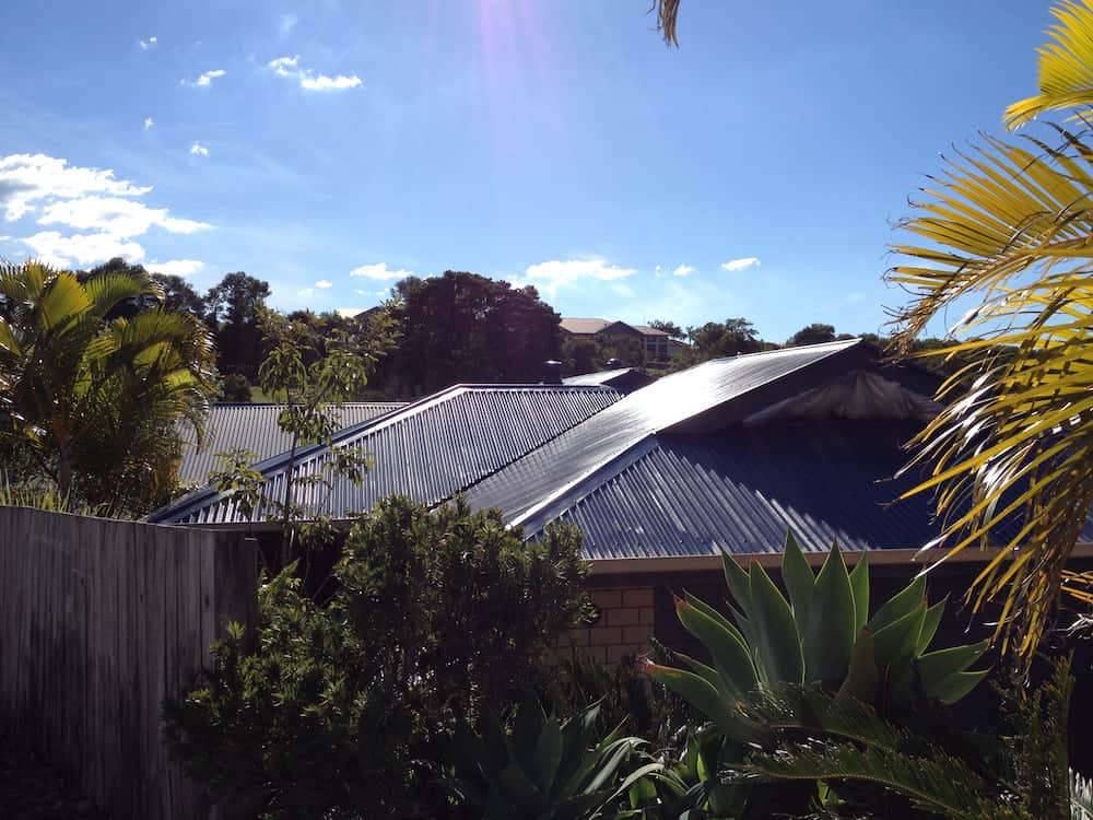 A House With a Blue Roof is Surrounded by Palm Trees — Killiby & Co Roofing Pty Ltd in Tweed, NSW