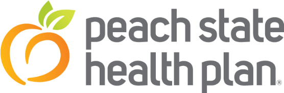 Peach State Health Plan logo: peach graphic with green leaves, text 
