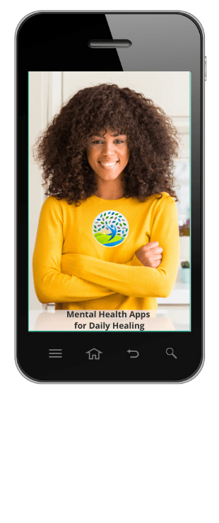 Smartphone displaying a woman in a yellow shirt, advertising mental health apps.