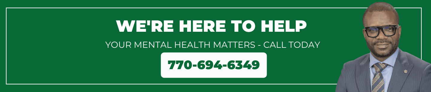 avant psychiatry, psychiatrist icon, mental health services icon Green banner with text