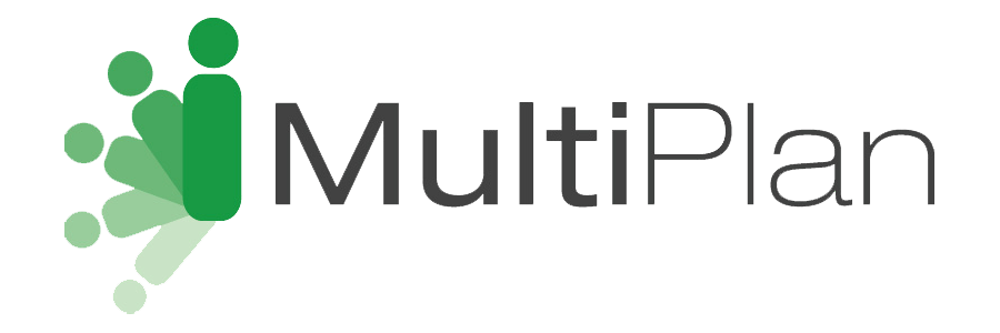MultiPlan logo with green abstract figures moving towards the letter 