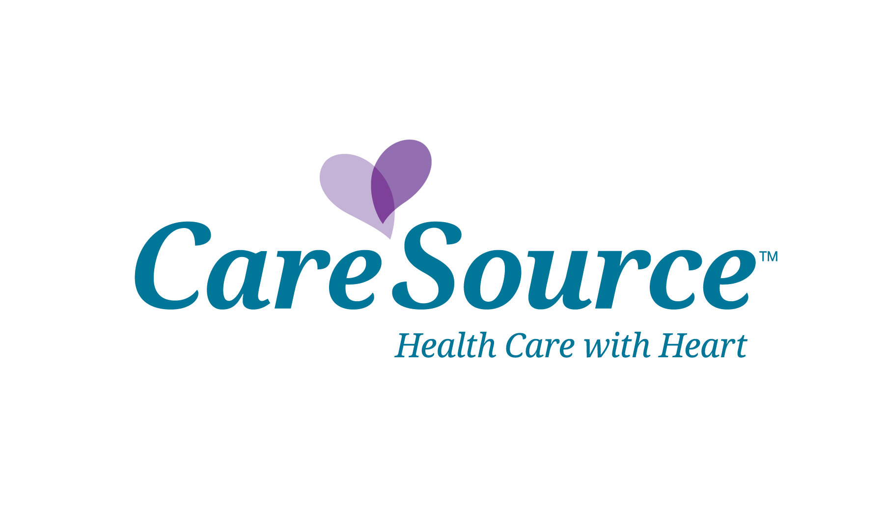 CareSource logo with teal text and purple heart symbol, tagline: Health Care with Heart.