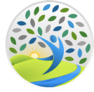 Circle icon: Blue figure with arms raised under a tree with colorful leaves. Sunlight and rolling green hills.