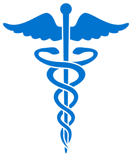 Blue caduceus symbol: staff with two snakes and wings, representing medicine.