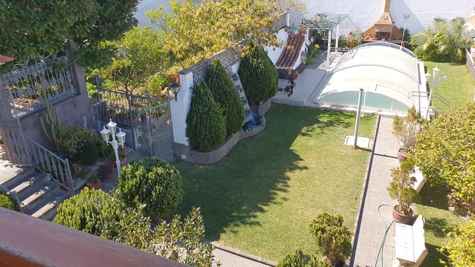 Eine Luftaufnahme eines üppig grünen Gartens mit einem Swimmingpool im Hintergrund.