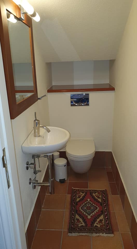 Ein Badezimmer mit Toilette, Waschbecken und Spiegel.