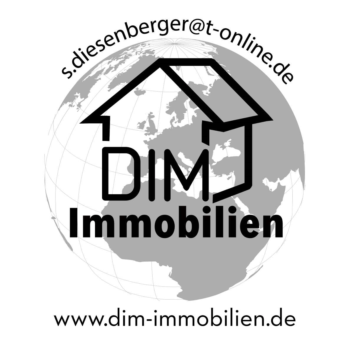 Ein Logo für dim Immobilien mit einem Haus auf einem Globus
