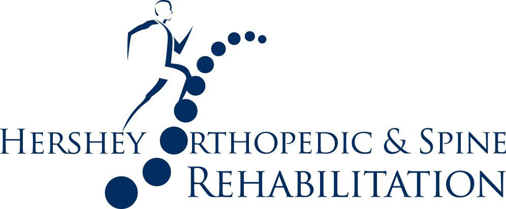 Hershey Orthopedic and Spine Rehabilitation in Lancaster and Hershey PA Logo for Hershey Orthopedic & Spine Rehabilitation with a runner and spine made of blue circles.