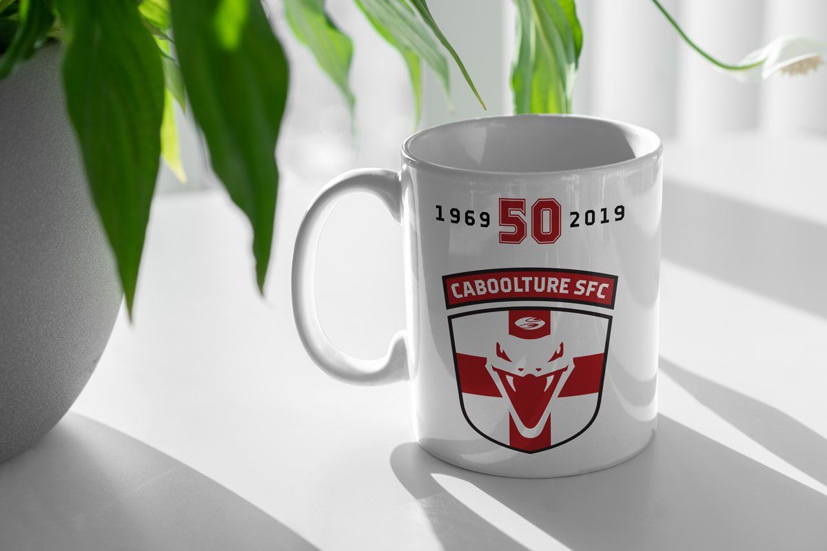 Caboolture SFC 50th-anniversary mug with rebranded logo design Caboolture SFC 50th-anniversary mug featuring custom logo design by Willmore Design for the soccer club's rebranding project.