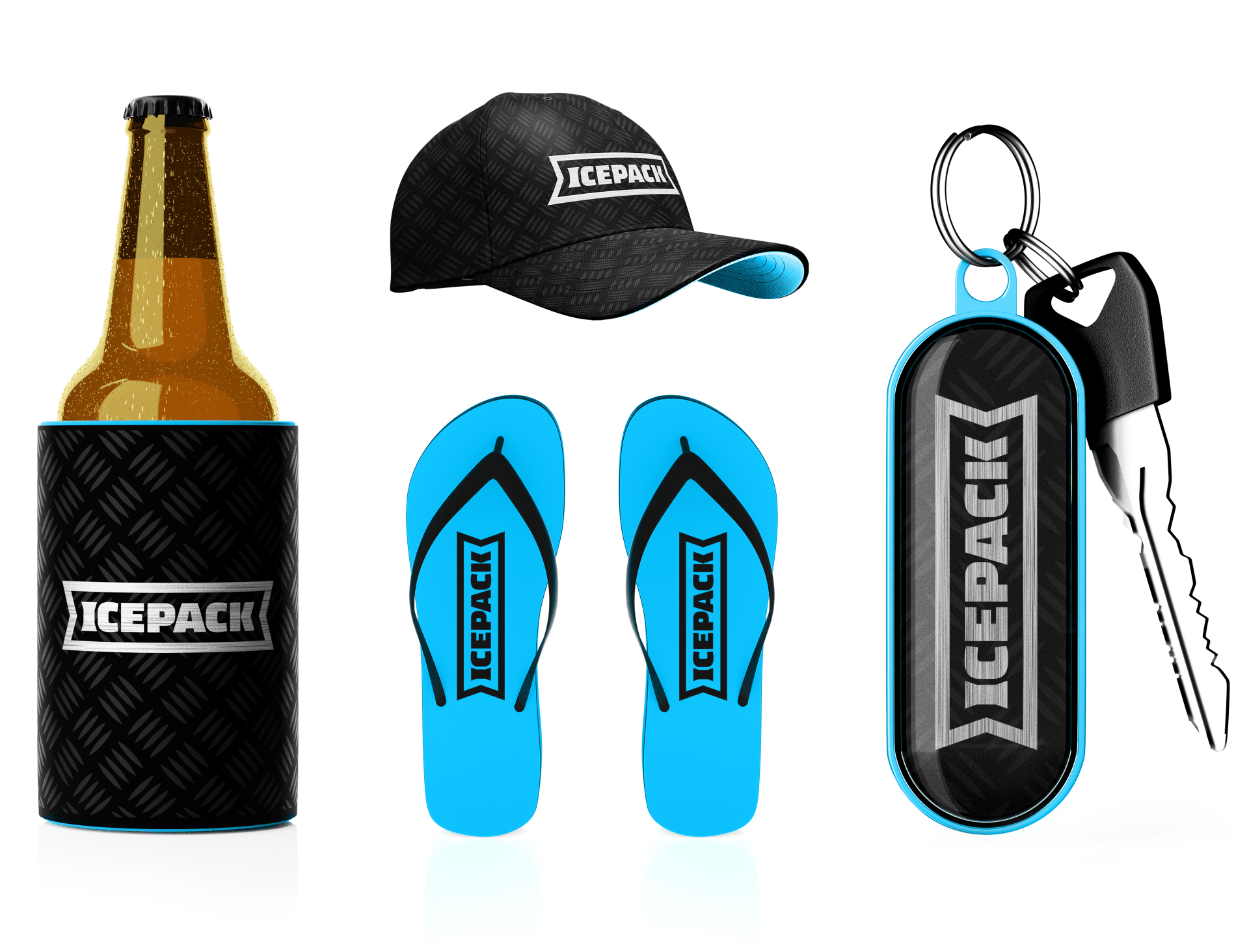 ICEPACK merchandise branding: a stubby holder, a baseball cap, thongs and a key fob