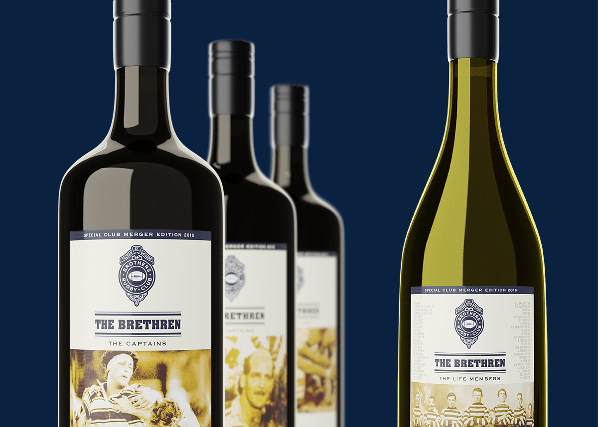 Branding elements on wine labels for Brothers rugby club