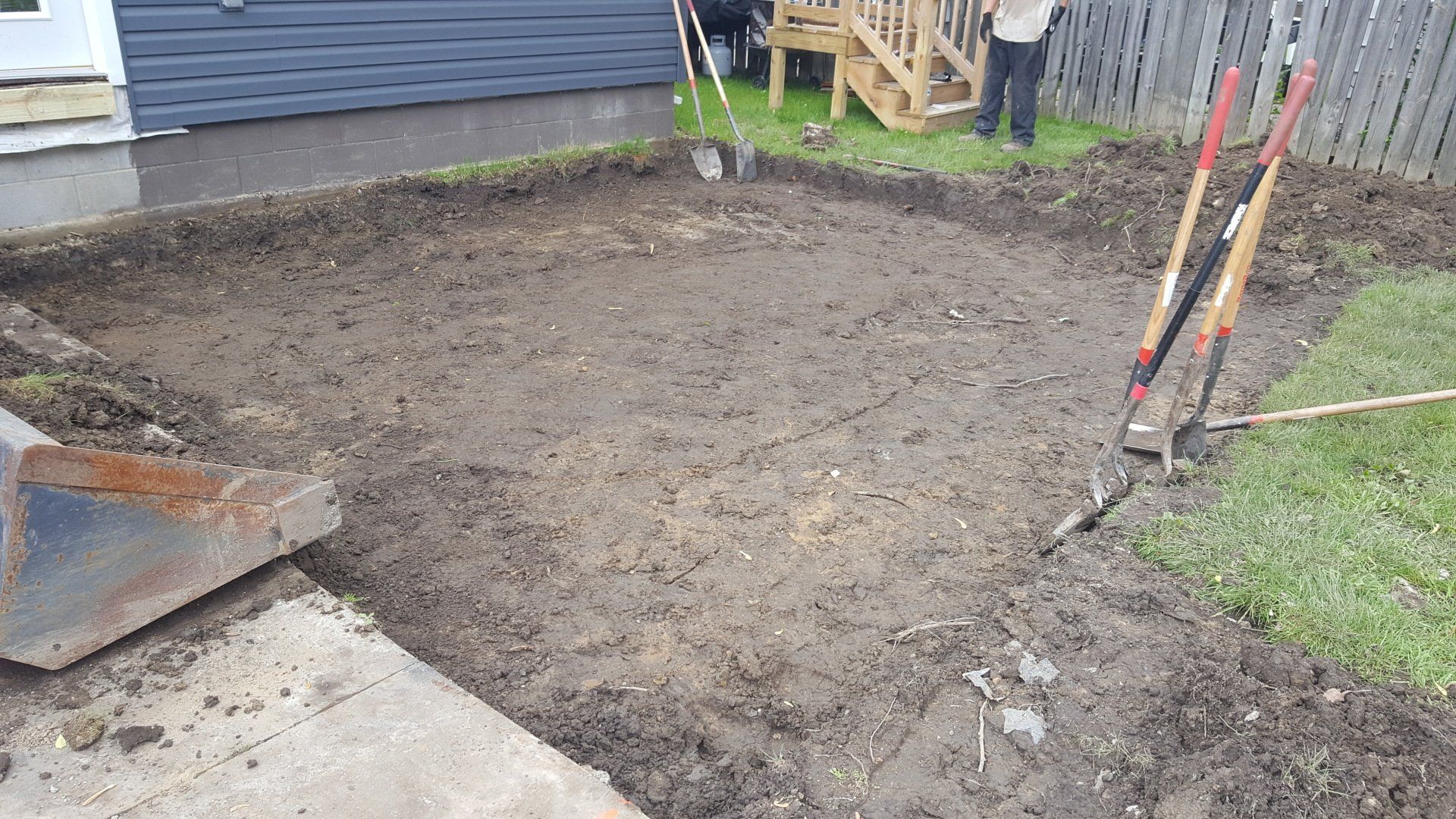 A freshly excavated backyard area with dark soil prepared for a project, featuring two shovels and a heavy machinery bucket.