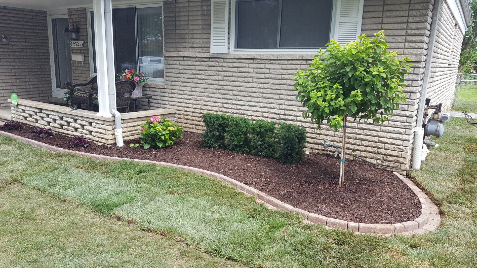A brick ranch house with a landscaped garden bed containing shrubs, a small tree, and dark mulch with curved brick edging.