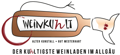 Eine Zeichnung einer Flasche Wein mit dem Wort Weinkuhl darauf