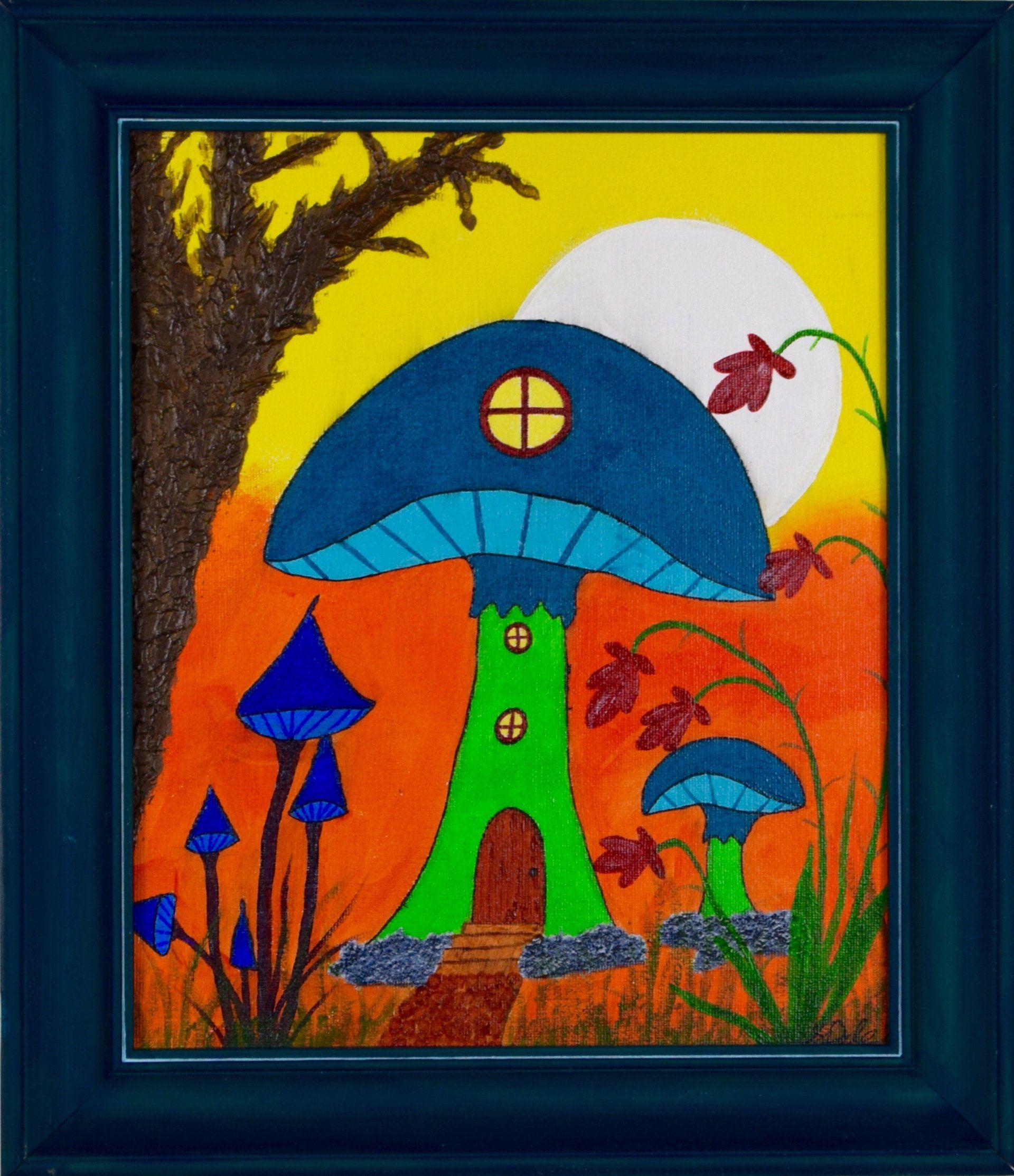 Kitty S Dale. Toadstool Fairy House. Acrylic painting of colourful fairy toadstool house