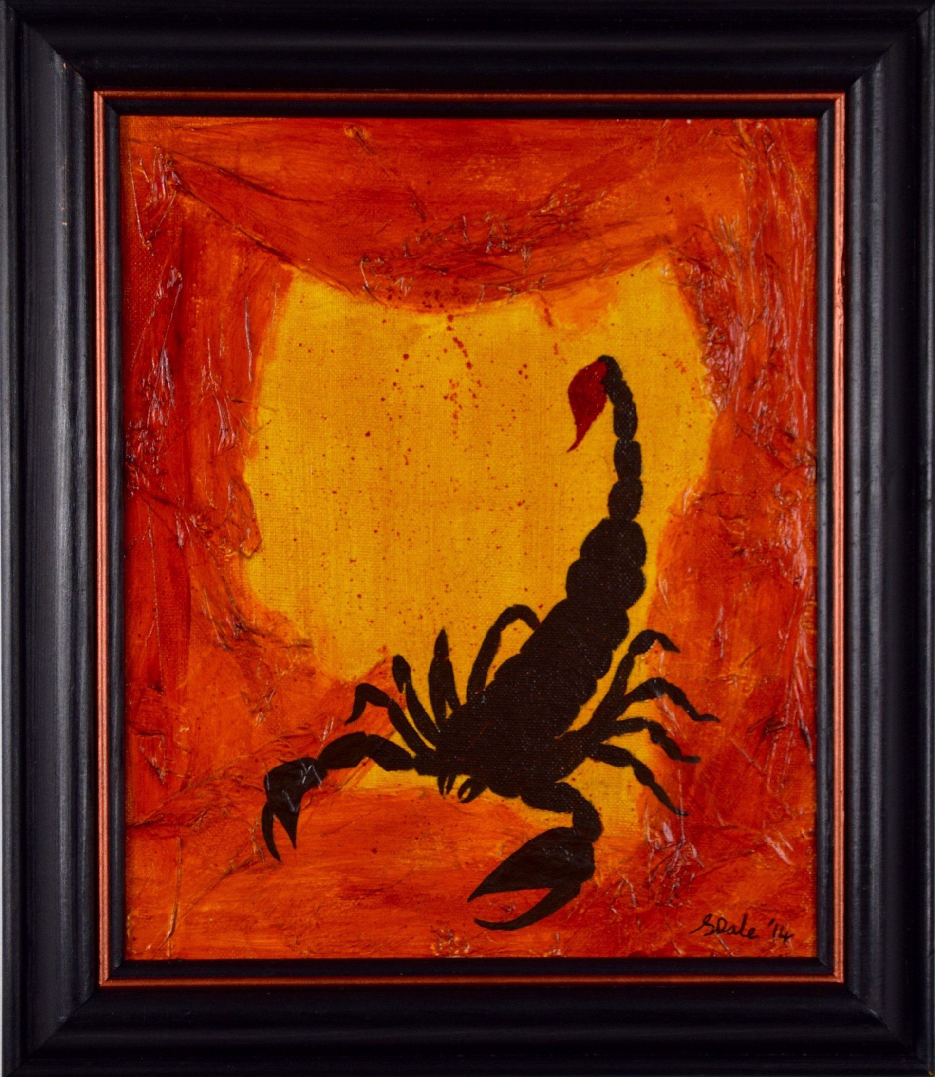 Kitty S Dale. Scorpion. Acrylic painting of black scorpion