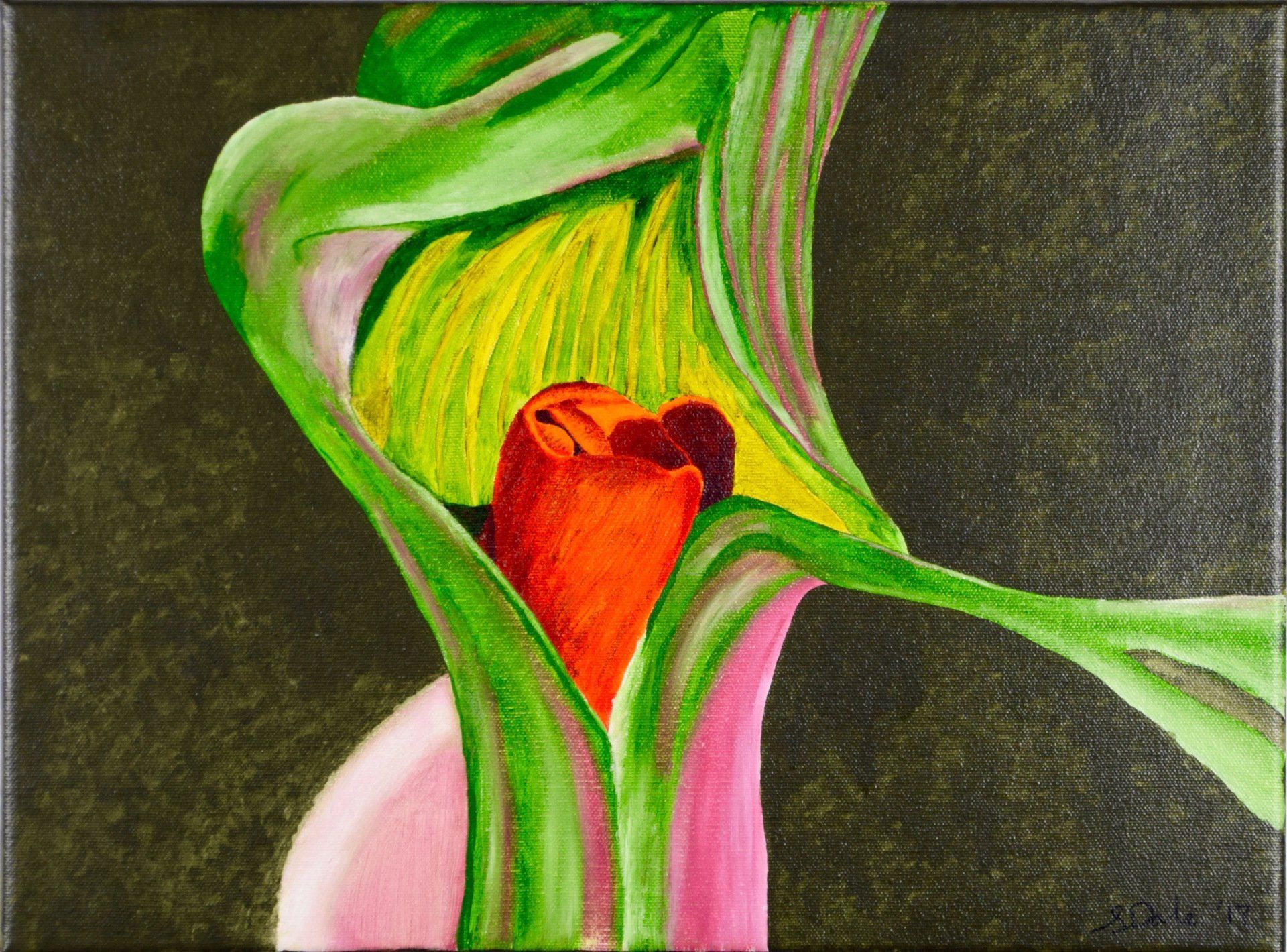 Kitty S Dale. Californian Poppy Bud. Acrylic painting of flower bud