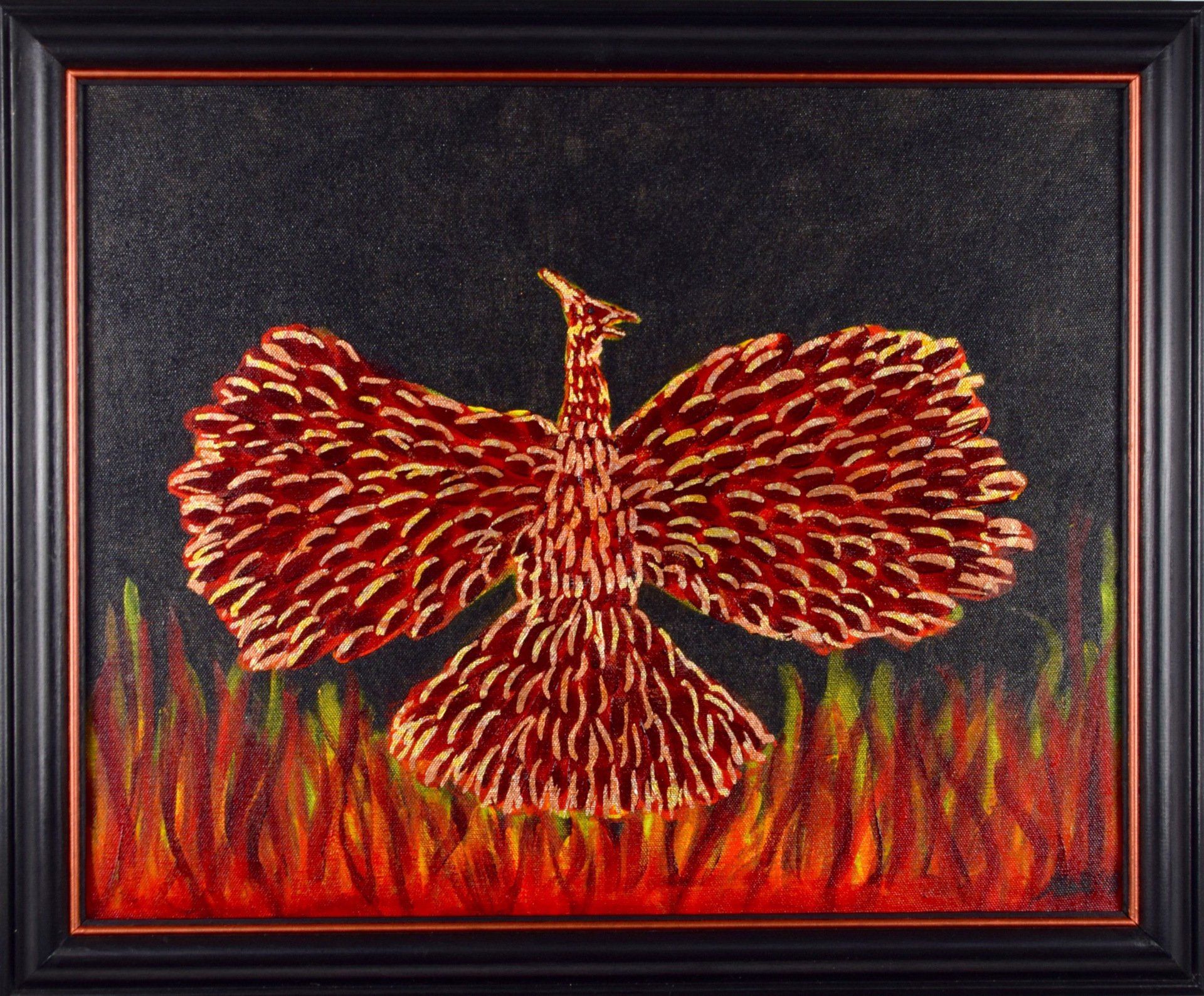 Kitty S Dale. Phoenix Rising. Acrylic painting of pheonix rising from flames with gold leaf