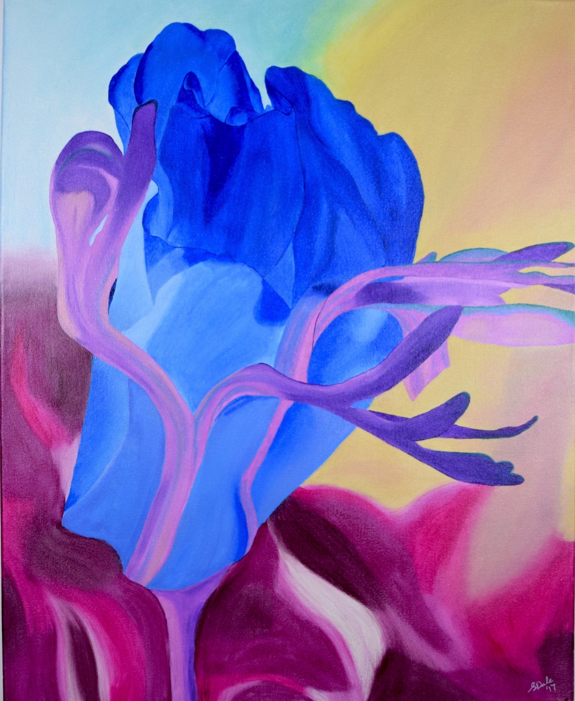 Kitty S Dale. Californian Poppy. Acrylic painting of Blue and Pink Poppy