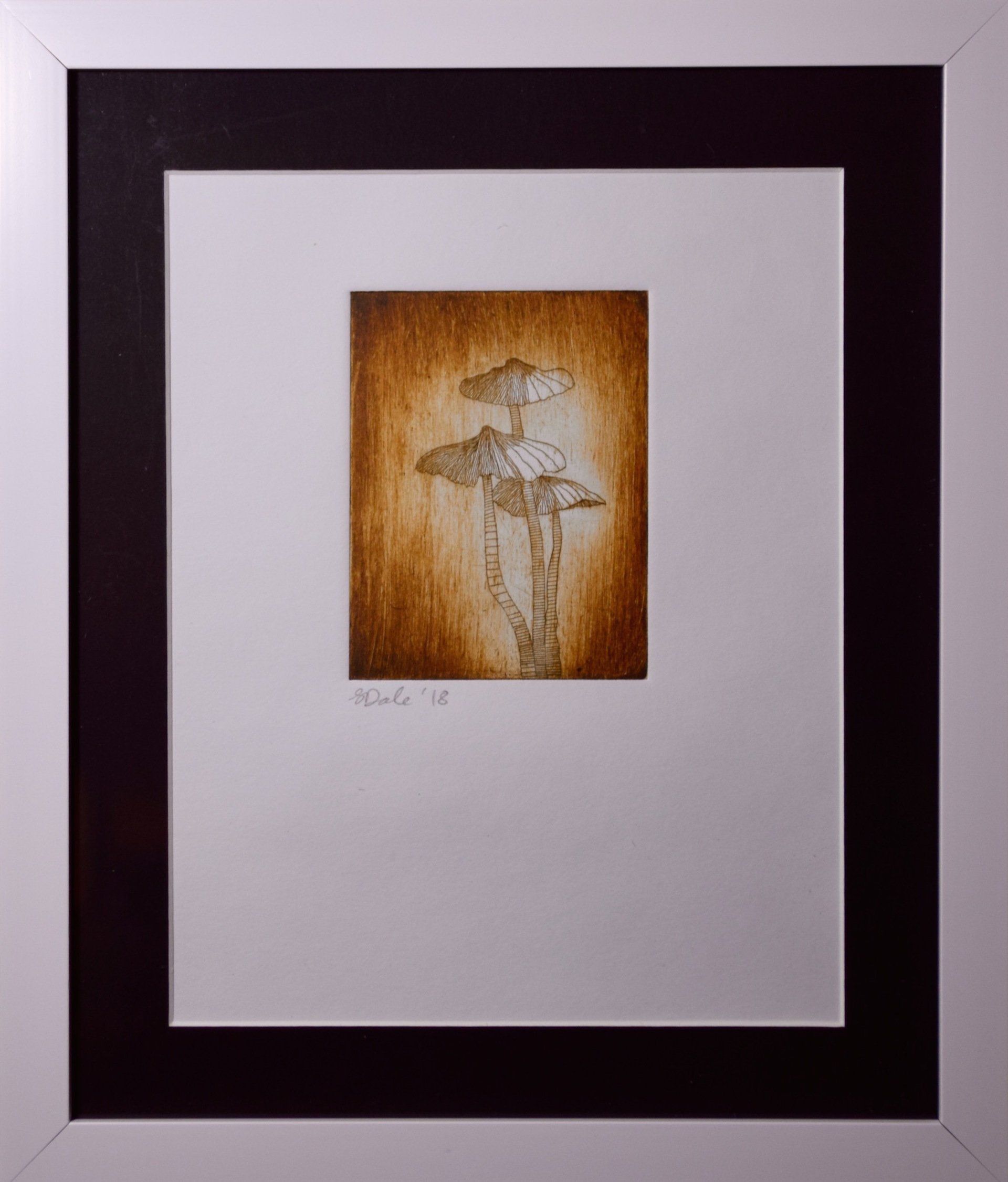 Kitty S Dale. Moody Shrooms. Original Collagraph print of mushrooms.
