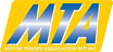 A blue and yellow mta logo on a yellow background.