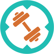 An icon of a dumbbell in a circle on a white background.