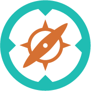 An orange compass is in a blue circle on a white background.