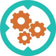 Three orange gears are in a blue circle on a white background.