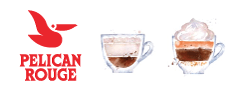A pelican rouge logo with three cups of coffee