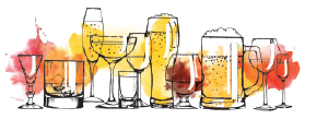 A row of different types of alcoholic beverages in glasses on a white background.
